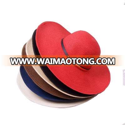 Solid color wide brim summer hat with colors ribbon